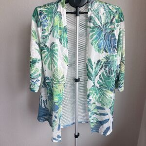 Chico's Travelers Open Front Mesh Tropical Leaf Lightweight Swim Coverup Summer